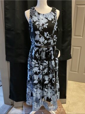 Alex Evenings Black Midi Dress with Light Blue Floral Appliqué